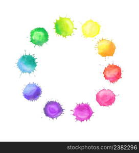 Colorful watercolor splashes isolated on white background. Round frame made of watercolor rainbow blobs