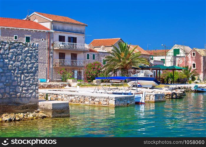 Colorful waterfront of Krapanj island village view, sea sponge harvesting village, Sibenik archipelago of Croatia