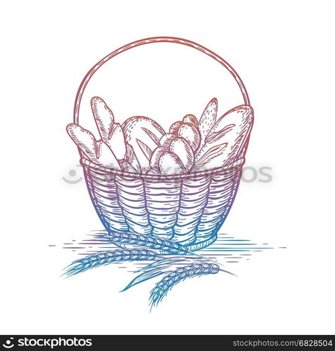 Colorful wicker basket of bread goods. Colorful wicker basket of bread goods isolated on white background. Vector illustration