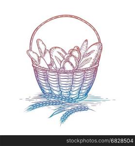 Colorful wicker basket of bread goods. Colorful wicker basket of bread goods isolated on white background. Vector illustration