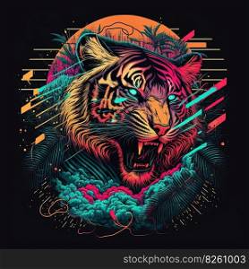 Colorful wild and angry tiger. Pop art futuristic style in neon colors. Generative AI. Colorful wild tiger in pop art style. Generative AI