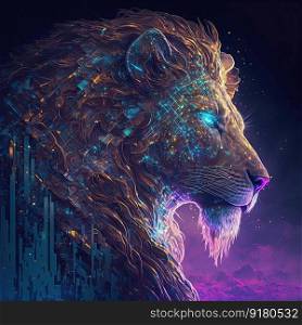Colorful wild lion. Pop art futuristic style in neon colors. Generative AI. Colorful wild lion portrait in pop art neon style. Generative AI