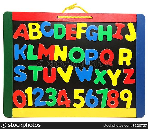 Colorful wooden alphabet letters and numbers on chalkboard