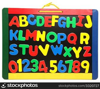 Colorful wooden alphabet letters and numbers on chalkboard