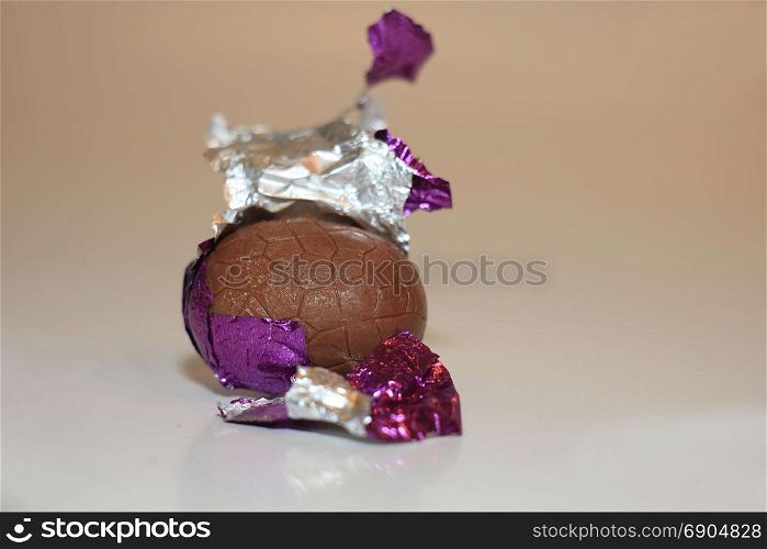colorful wrapped chocolate easter eggs in close-up, macro