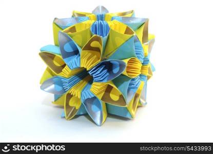 "Colorfull origami unit "Blue and yellow" flower isolated on white, like a Ukrainian flag"