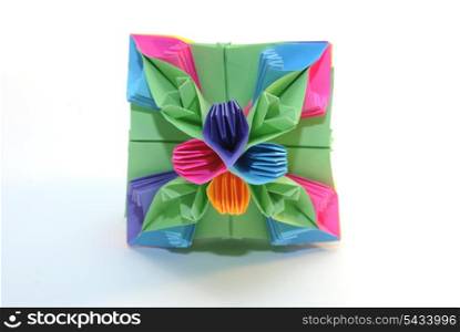 "Colorfull origami unit "colorful cube flower" isolated on white background"
