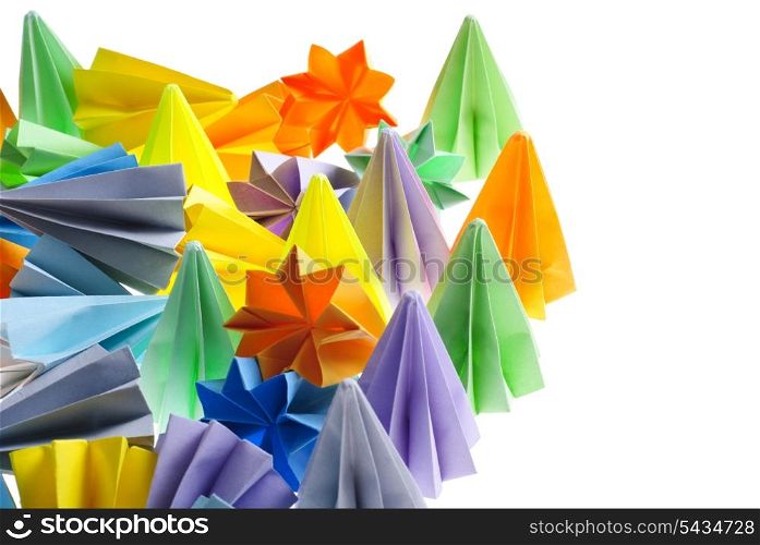 Colorfull origami units from rainbow flowers and trees isolated on white
