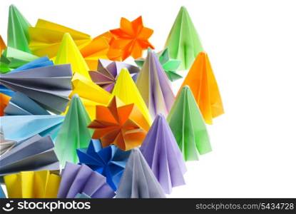 Colorfull origami units from rainbow flowers and trees isolated on white