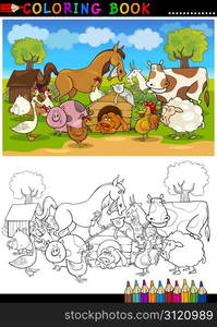 Coloring Book or Page Cartoon Illustration of Funny Farm and Livestock Animals for Children Education