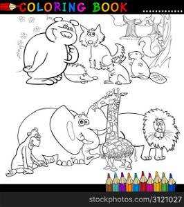 Coloring Book or Page Cartoon Illustration of Funny Wild and Safari Animals for Children