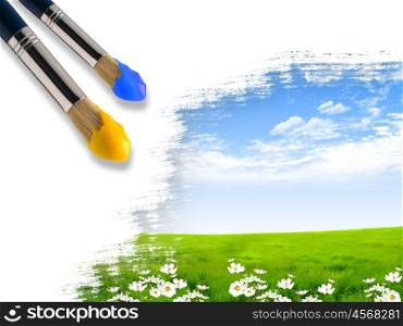 Coloring landscape with blue sky and green grass with a brush.