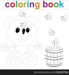 Coloring page template with cartoon teddy bear and honey, for kids. Vector illustration