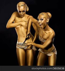 Coloring. Ridiculous, Comical and Humorous Women. Gold Metallic Make Up. Expression