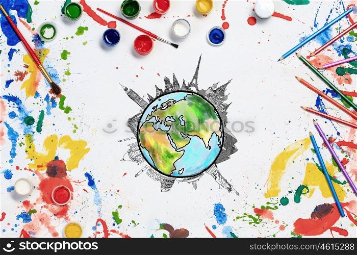 Colors of the world. Earth planet drawing on white paper. Elements of this image are furnished by NASA