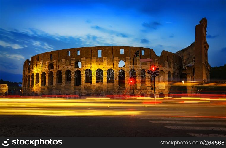 Colosseum and car lights in the evening, Rome