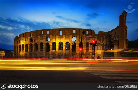 Colosseum and car lights in the evening, Rome