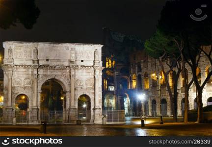 Colosseum and Constantine Arch night view in Rome, Italy.