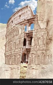 colosseum hand draw collage background