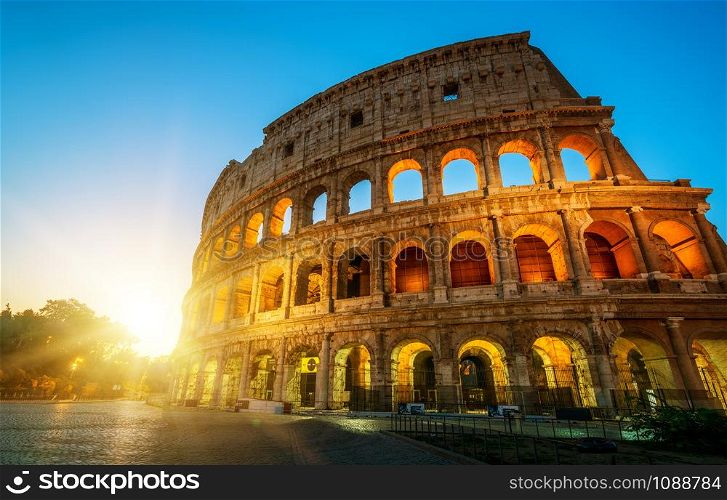 Colosseum in Rome, Italy at sunrise. - The Rome Colosseum was built in the time of Ancient Rome in the city center. It is the main travel destination and tourist attraction of Italy.