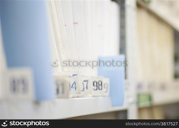 Colour coded filing system on library shelves