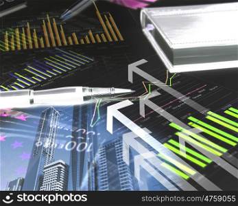 Colour illustration of business and financial charts and graphs