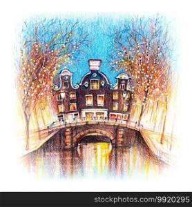 Colour pencil sketch of Christmas Amsterdam houses, bridge and canal, Holland, Netherlands. Christmas Amsterdam canal