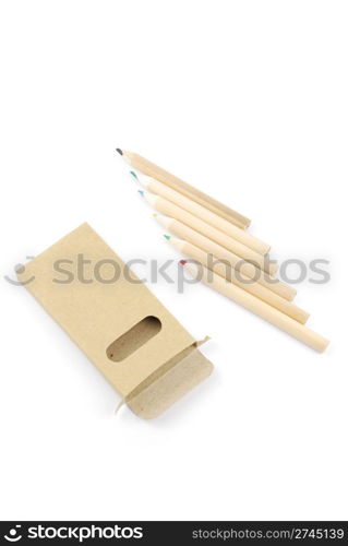 colour pencils and pencil case isolated on white background