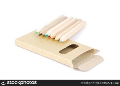 colour pencils and pencil case isolated on white background