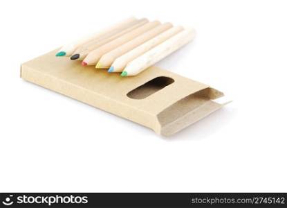 colour pencils and pencil case isolated on white background