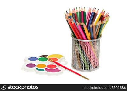 Colour pencils and watercolor isolated on the white