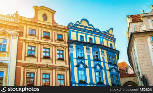 Coloured houses on Old Town Square in Prague at sunrise