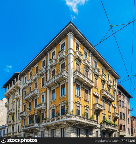 Colourful and bright art-noveau Liberty style buildings in Milan, Lombardy, Italy.. Colourful and bright art-noveau Liberty style buildings in Milan, Lombardy, Italy