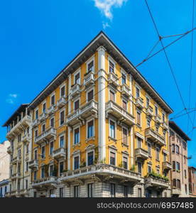 Colourful and bright art-noveau Liberty style buildings in Milan, Lombardy, Italy.. Colourful and bright art-noveau Liberty style buildings in Milan, Lombardy, Italy