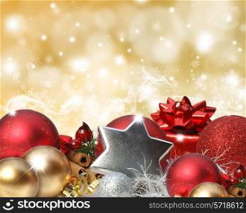 Colourful background with stars and bokeh lights effect and Christmas decorations