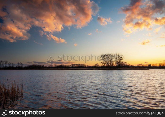 Colourful clouds after the sunset over the lake, Stankow, Poland