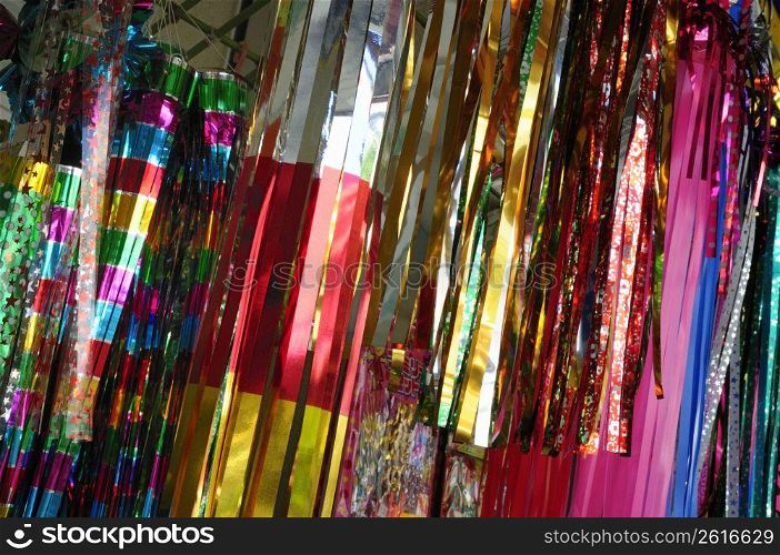 Colourful decorations hanging from the ceiling
