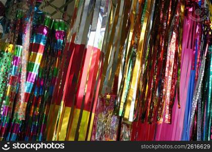 Colourful decorations hanging from the ceiling