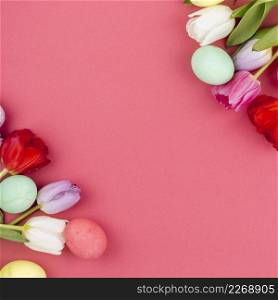 colourful easter eggs with tulip flowers table