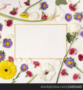 colourful festive flowers background with horizontal frame copy space