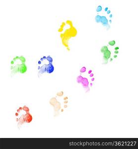Colourful human foot prints on white background