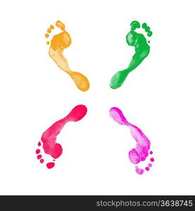 Colourful human foot prints on white background