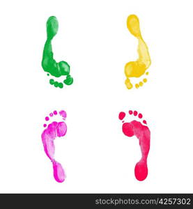 Colourful human foot prints on white background