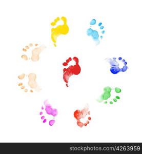 Colourful human foot prints on white background