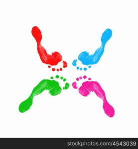 Colourful human foot prints on white background