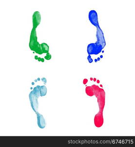 Colourful human foot prints on white background