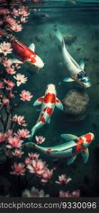 Colourful Koi garden with blossoming flowers background , wallpaper , screen on mobile , Generative Ai