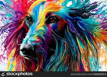 Colourful long-haired hound dog. Generative AI illustration