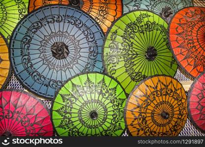 Colourful parasols dislpayed on a market stall in Yangon, Myanmar