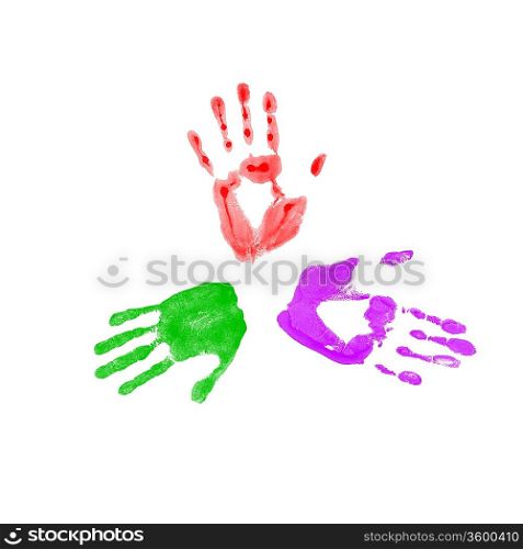 Colourful prints of human hands on white background